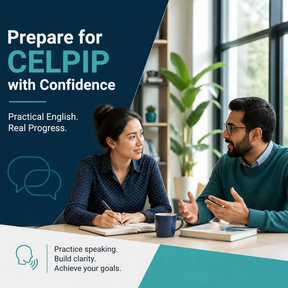 CELPIP preparation graphic showing adults practising conversation.