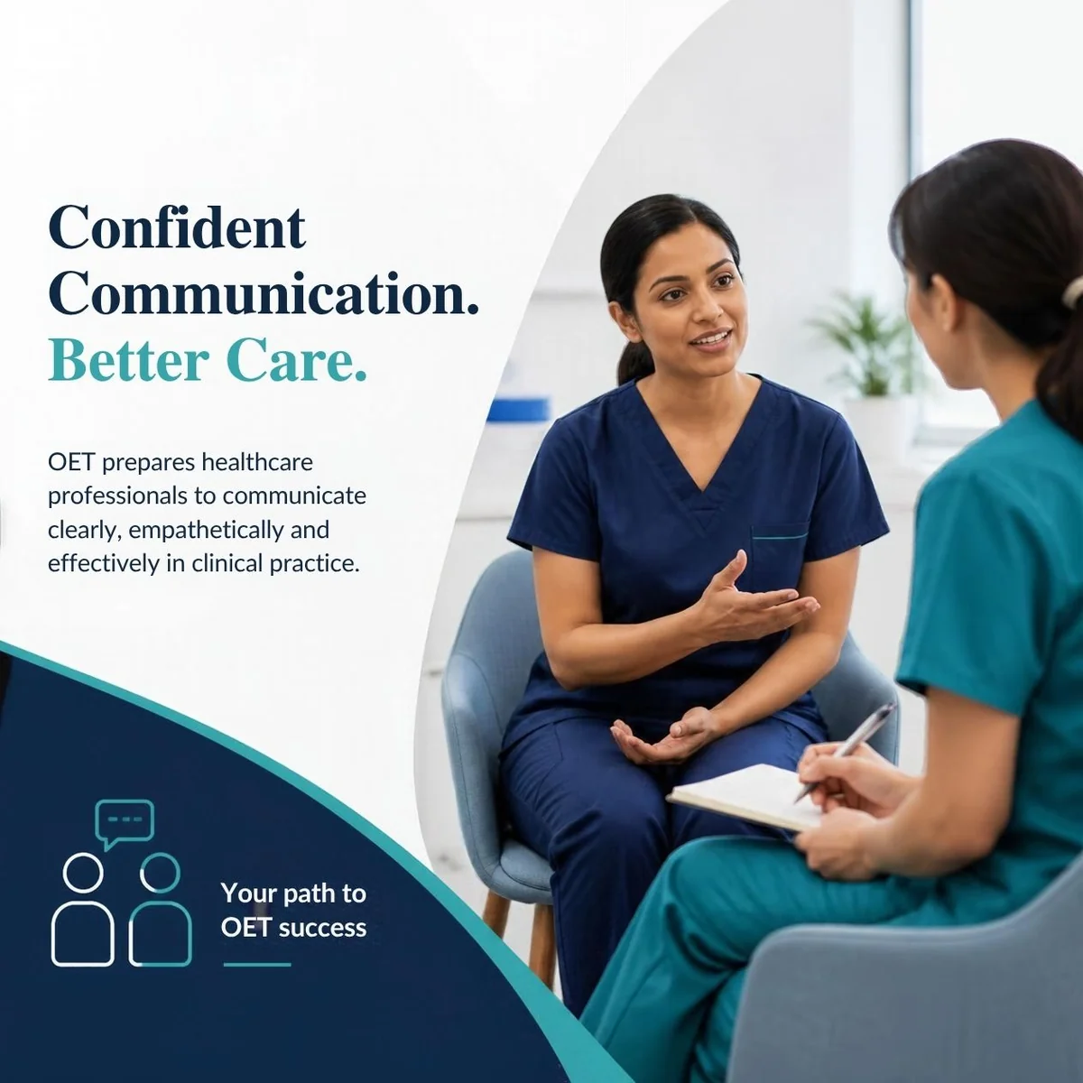OET preparation graphic showing healthcare professionals discussing study materials.