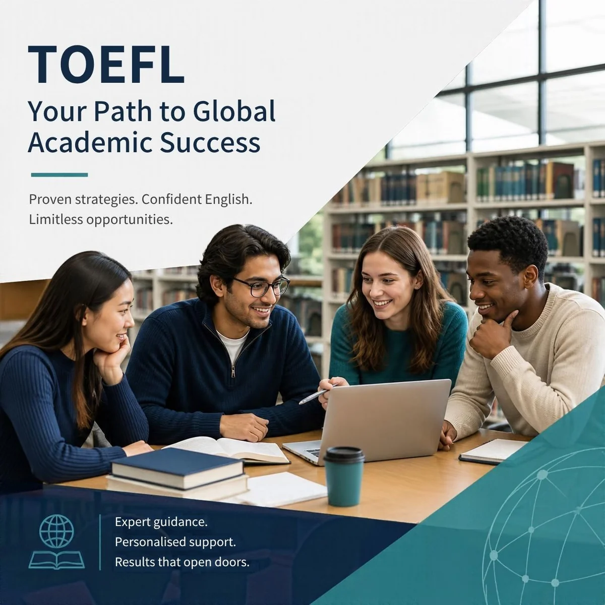 TOEFL preparation graphic showing adult students studying together in a library.